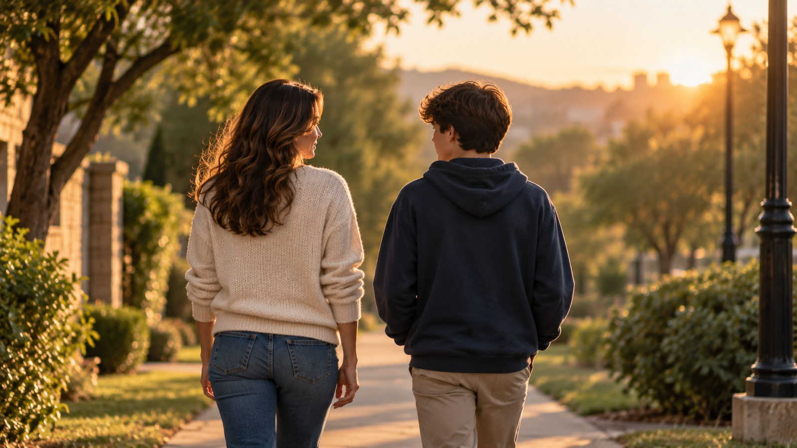 Mãe e adolescente caminhando juntos